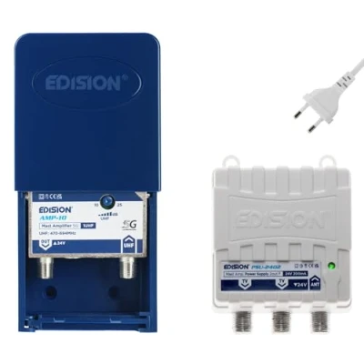 Abbildung von EDISION MAK 100 Kit: Mastverstärker 1UHF, 10 25db, 107dBmV, 24V, für Digitale Terrestrische DVB T/T2 Antennnen geeignet, 5G LTE Filter + Netzteil 24V 200mA F 2 Ausgänge