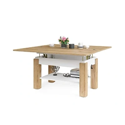 Abbildung von Schöner All4All Couchtisch Bresso 130x65 Wohnzimmertisch Klapptisch höhenverstellbar mit Ablagefach Sofatisch Stauraum Gold Craft Weiß 05 (Gold Eiche + Weiß)