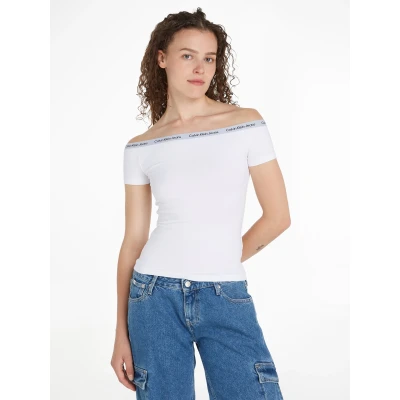 Abbildung von Calvin Klein Jeans LOGO Elastic Bardot TOP Tshirt print, Damen, Größe: Small, Bright white