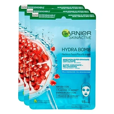 Abbildung von 3 x Garnier SkinActive Hydra Bomb Gesichtsmaske aus feuchtigkeitsspendendem und energetisierendem Stoff mit Granatapfel Hyaluronsäure