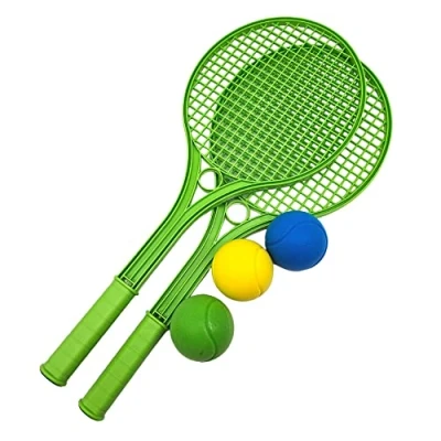 Abbildung von Tennisschläger Set für Kinder mit 3 farbigen Schaumstoffbällen. grün