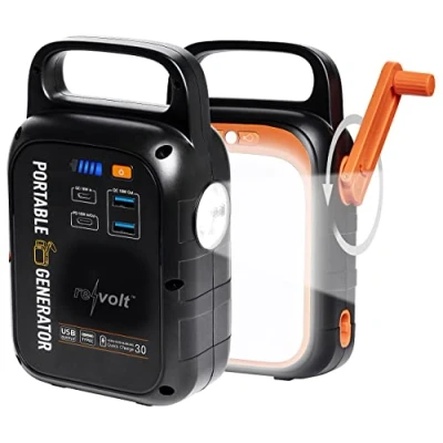 Abbildung von revolt Powerbank Solar: Kurbel Dynamo Powerstation (22,5 Ah) mit 28 Watt Solarpanel (Solarpanel Handy Ladegerät, Handkurbel Powerbank, Ladestation)
