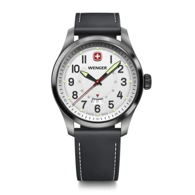 Abbildung von WENGER Herren Armbanduhr Terragraph, Ø 43 mm, Swiss Made, Analog Quarz, Wasserdicht bis 100 m, Leder Armband, Schwarz/Weiß, 01.0541.126