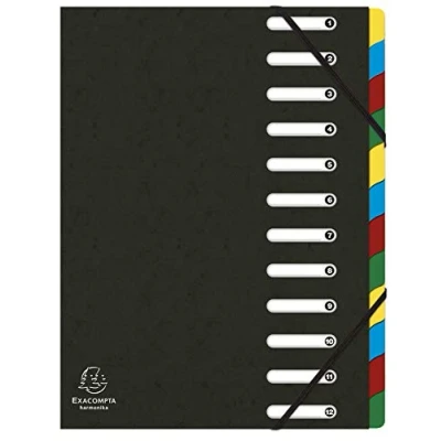 Abbildung von Exacompta 55121E Premium Ordnungsmappe Harmonika. Aus extra starkem Colorspan Karton DIN A4 12 Fächer und 2 Gummizüge mit Indexfenster dehnbarem Rücken Register Mappe schwarz