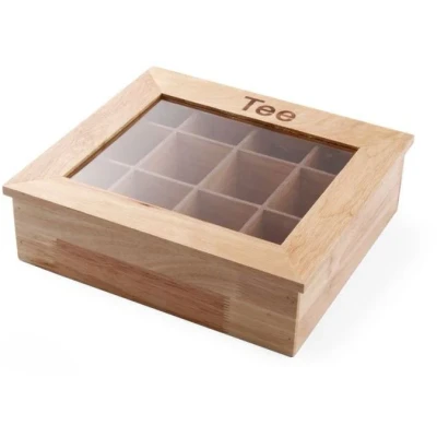 Abbildung von HENDI Teebox, Holzbox mit Sichtfenster, 12 Acryl Kammern, Dokorative Teedose, 300x280x(H)90mm