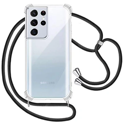 Abbildung von XTCASE Handykette für Samsung Galaxy S21 Ultra 5G Hülle, Smartphone Necklace Handyhülle mit Band Transparent Schutzhülle Stossfest Schnur Case zum Umhängen in Schwarz