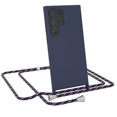 Abbildung von EAZY CASE Hülle mit Kette kompatibel Samsung Galaxy S23 Ultra Schutzhülle Kordel zum Umhängen,Umhängen Necklace, TPU Silikon Case, Blau Band Navy Camouflage Verschluss Silber