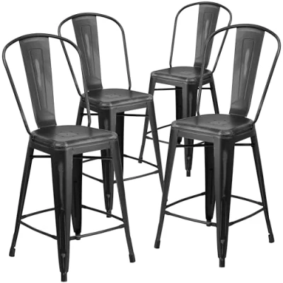 Abbildung von Flash Furniture Blake Commercial Grade 4 Stück 61 cm hoher Hocker aus schwarzem Metall für drinnen und draußen mit Rückenlehne