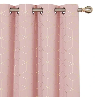 Abbildung von Deconovo Set mit 2 Vorhängen, silberfarben, Motiv Verdunkelungslinie, Thermo, 117 x 229 cm, Ösenvorhang, modernes Design, für Schlafzimmer, Haus, Wohnzimmer, Korallenrosa