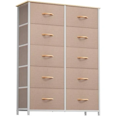 Abbildung von YITAHOME Kommode, Kommode mit 10 Schubladen, Stoffkommode für Schlafzimmer, Wohnzimmer, Schrank, Kinderzimmer, Stabiler Stahlrahmen, Leicht zu Ziehen, Stoffkörbe und Holzoberfläche, Khaki