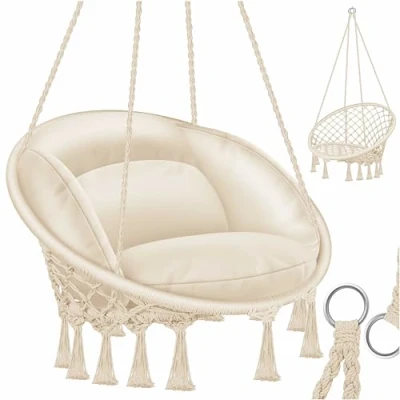 Abbildung von KESSER® Hängesessel mit Kissen Chill Hängestuhl zum Aufhängen für Erwachsene &amp; Kinder Hängematte bis 150 kg Hängesitz Aufhängung Indoor Outdoor Wohn Garten Terrasse, Beige