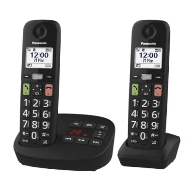 Abbildung von Panasonic KX TGU132EXB Digitales Schnurlostelefon mit Anrufbeantworter, Basiseinheit und 2 Mobilteilen, LCD Display, großen Tasten, Anruf Favorit, kompatibel Hörgeräten, Schwarz