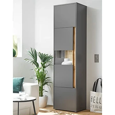 Abbildung von Lomadox Wohnzimmer Vitrine mit Beleuchtung in anthrazit Absetzungen Wotan Eiche Nb., B/H/T: ca. 50/197/40 cm