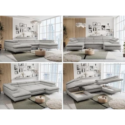 Abbildung von MKS MEBLE Sofa U Form Grau, Wohnlandschaft Form, mit Schlaffunktion und Bettkasten, Schlafsofa Couch Verstellbare Kopfstützen Peter Hellgrau Struktur