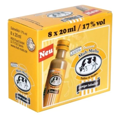 Abbildung von Original Muh‑Muhs Toffee &amp; Vodka Likör 20ml Fläschen (17% vol) 8er Display Karton im 12er Vorratspack Cremig leichter Sahnelikör mit Sahne Muh Muhs Geschmack (12 x 160ml)