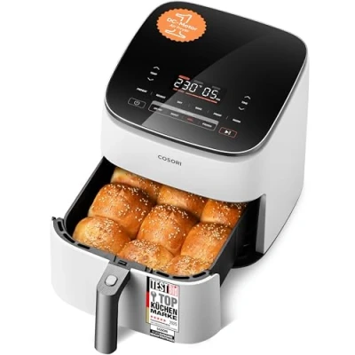 Abbildung von Cosori Turboblaze Heißluftfritteuse Airfryer, 9 in 1 Air Fryer XXL 6L, leiser DC Motor mit 5 Geschwindigkeitsstufen, Grillen, Backen, Gären, Dehydrieren, 87 Rezepte, 64% energiesparend, Weiß
