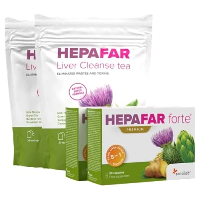 Abbildung von Leber Kur Mariendistel, Artischocken, Grüner Tee, Löwenzahn Komplex, Vitamin E, Phospholipiden 60 Kapseln, 40 Teebeutel für 30 Tage Innovative Patentierte Entgiftung Hepafar Sensilab