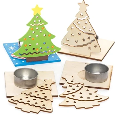 Abbildung von Baker Ross FE908 WeihnachtsbaumTeelichthalter Bastelset aus Holz 4er Pack, Holzteelichthalter für Kinder zum Basteln und Bemalen, Weihnachtsbastelsets