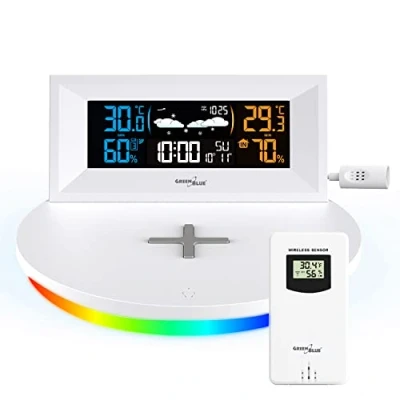 Abbildung von Green Blue GB213 Kabellose Wetterstation mit kabellosem Qi Ladegerät Stimmungslicht Basis Wettervorhersage Kalender Wecker und Schlummerfunktion Externer Sensor Innen Außen Thermometer Farbdisplay