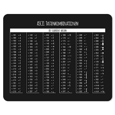 Abbildung von Mauspad mit ASCII Code Tabelle I Tastenkombinationen 24 x 19 cm Mousepad in Standargröße, rutschfest Tastenkürzel Übersicht Shortcuts dv_829