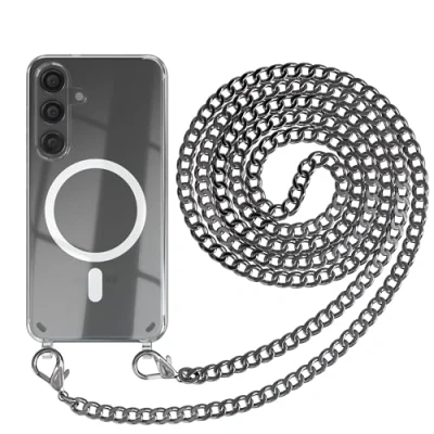 Abbildung von EAZY CASE Handykette kompatibel mit Samsung Galaxy S24 Kette zum Umhängen Stoßfest Handyhülle für Silikon Hülle Band aus Metall Handytasche Transparent als Fallschutz in Anthrazit