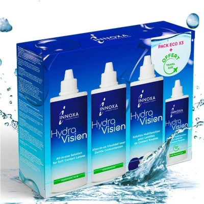 Abbildung von INNOXA 4 ALL IN ONE Flaschen mit Flüssigkeit für Monats und Wochenlinsen 3x360ml+100ml travel size+3 antibakterielle Behälter Optimaler Tragekomfort dank HYALURON