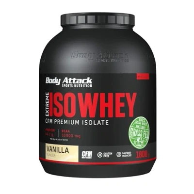 Abbildung von Body Attack Extreme Iso Whey, Vanille, 1,8 kg, CFM Whey Protein Isolat aus 100% irischer Weidemilch, glutenfrei, reich an EAAs, perfekt löslich, fettarm, ohne Aspartam, 90,6% Anteil