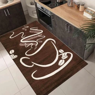 Abbildung von VIMODA Küchenteppich Braun Trendiger Kaffee Teppich, Cappuccino Muster Tasse Kurzflor, Maße:140x200 cm