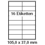 Abbildung von pripa Etikettenformat 105 x 37 mm 100 Blatt DIN A4 Selbstklebende Etiketten. Der Bogen ist aufgeteilt in 16 Etiketten = 2 Spalten je 8 Reihen (100)