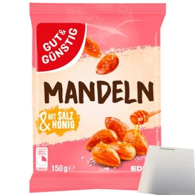 Abbildung von Gut&amp;Günstig Mandeln mit Salz und Honig lecker karamellisiert (150g Packung) + usy Block