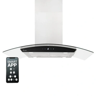 Abbildung von KKT KOLBE Inselhaube Dunstabzugshaube 90 cm SINUS INSEL HC, Abzugshaube / Smarte WiFi App Edelstahl Glas LED