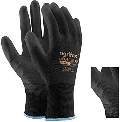 Abbildung von LTD Arbeitshandschuhe, PU beschichtetes Nylon, schwarz, 24 Paar Ideal für Gartenarbeit, Bauarbeiter, Mechaniker, runder Ajs Ltd® Sticker., .