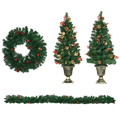 Abbildung von HOMCOM 4 teiliges Set Weihnachtsschmuck Haustür Deko Weihnachtsdekoration mit LED Beleuchtung inkl. 2 Weihnachtsbäume, 1 Weihnachtskranz, Weihnachtsgirlande