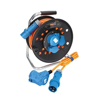 Abbildung von KALLE DAS KABEL Kabeltrommel Camping CEE Campingkabeltrommel Wohnmobil H07BQ F 3G 2,5mm² EXTREME SIGNAL 25 Meter + Anschlussleitung mit Winkelkupplung 1,5m