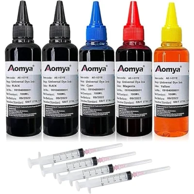 Abbildung von Aomya Universal Dye Ink Refill Kit 500ml 2BK+CMY for HP Canon Epson Brother Lexmark Printers Compatible Cartridges Refillable Cartridge CISS CIS System 5 Bottle Set with 4 Syringes