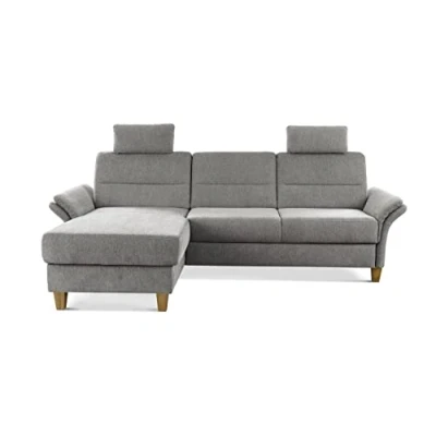 Abbildung von CAVADORE Eckcouch Wyk mit Federkern / Ecksofa im Landhaus Stil Longchair, 2 Kopfstützen + Holzfüßen 252 x 90 162 Chenille, Hellgrau