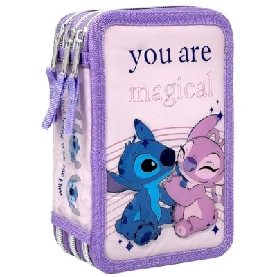 Abbildung von Clondo Dreifach Gefüllt Federmäppchen für Kinder, Stitch und Angel Fans, Mädchen, 44 Schulutensilien, 3 Reißverschlüsse, Buntstifte, Filzstifte, Schere