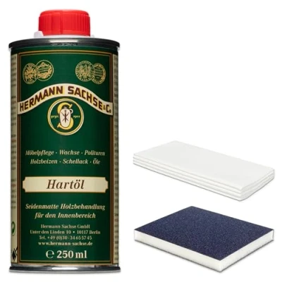 Abbildung von Hermann Sachse Hartöl für Esstische Holztische 250ml Holzöl mit Universaltuch und Schleifmatte Öl Eiche Nussbaum Akazie Buche zur Pflege im Innenbereich Arbeitsplattenöl Basis Leinölfirnis