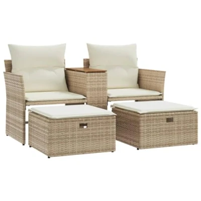 Abbildung von vidaXL Gartensofa 2 Sitzer, Outdoor Sofa mit eingebauter Ablage, Terrassensofa Hockern, Gartenmöbel Sofagarnitur Gartengarnitur, Beige Poly Rattan