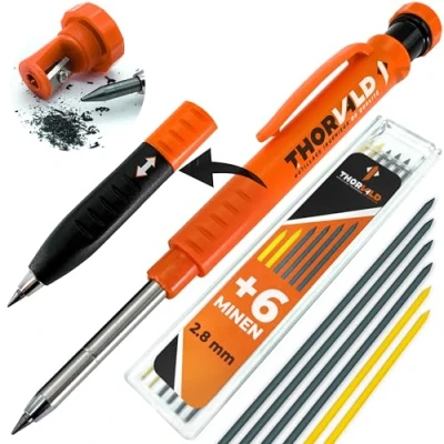 Abbildung von THORVALD Robuster Tieflochmarker Bleistift [+ 7 Minen + Spitzer Schreibgriff] Set Zimmermannsbleistift Dicke Bohrlochmarker Druckbleistift Handwerker Holz Metall Beton Bau Baustelle