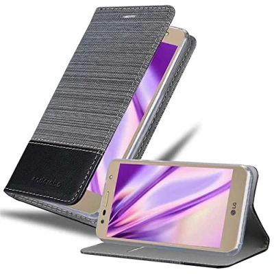 Abbildung von Cadorabo Hülle kompatibel mit LG X Power 2 aus Premium Jeans und Kunst Leder Flip Klappbare Stoßfeste Magnetische [Standfunktion] [Kartenfächern] Cover für Tasche in Grau