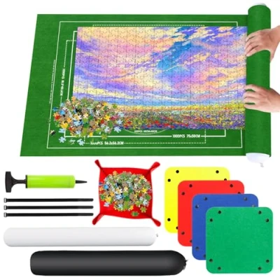Abbildung von RISVOWO Puzzlematte, Puzzle Roll Storage Mat für Bis 500 1000 1500 Puzzle, Tragbare Rollenmatte mit Sortierschale, Puzzleunterlage Auf 66 * 116 cm Aufbewahrung(Grün)