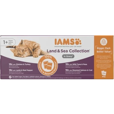 Abbildung von IAMS Delights Land &amp; Sea Collection Katzenfutter Nass Multipack mit Fleisch und Fisch Sorten in Sauce, Nassfutter für Katzen ab 1 Jahr, 72 x 85 g