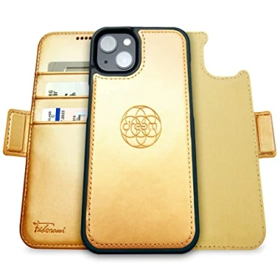 Abbildung von Dreem Fibonacci kompatibel mit iPhone 14 Brieftaschen Etui / 2 in 1 stoßfestes und abnehmbares Folio aus veganem Leder, MagSafe kompatibel, RFID Schutz [Gold]