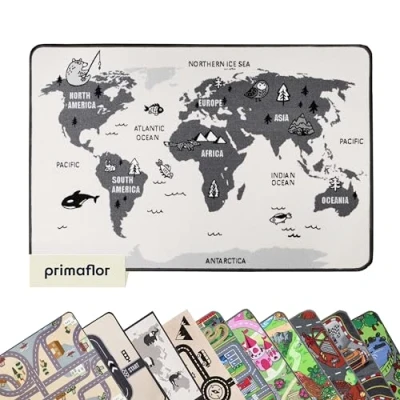 Abbildung von Primaflor Spielteppich mit Retro Weltkarte Design für Kinder 140 x 200 cm pflegeleichter Kinderteppich Straßen