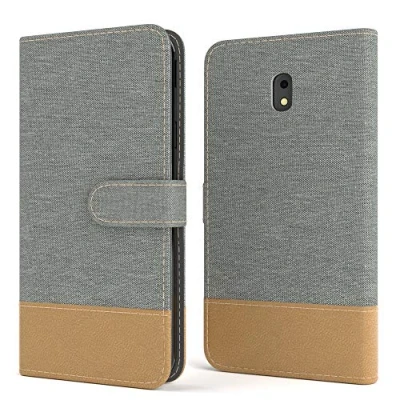 Abbildung von EAZY CASE Tasche kompatibel mit Samsung Galaxy J3 (2017) Stoff Schutzhülle Standfunktion Klapphülle Bookstyle, Handytasche Handyhülle Magnetverschluss und Kartenfach, Kunstleder, Hellgrau