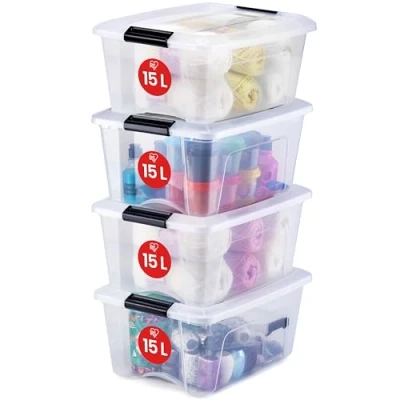Abbildung von Iris Ohyama Aufbewahrungsboxen mit Deckel, 15L, 4er Set, Transparent, Sicherer Verschluss, Stapelbar, Griffe, Schlafzimmer, Schrank, Büro, Organisation, BPA freies Plastik, Ordnungsboxen, NTB 15