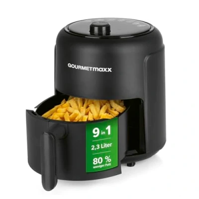Abbildung von GOURMETmaxx Heißluftfritteuse 2,3 l 9 Funktionen 1000 W, fettarm frittieren knusprige Pommes, Hähnchen auftauen backen wärmen