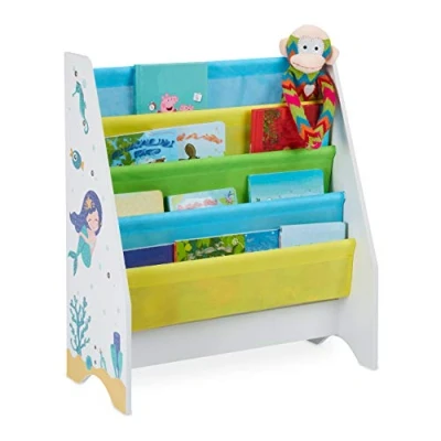 Abbildung von Relaxdays Kinder Bücherregal, 4 Hängefacher, Meerjungfrau Kindermotiv, HBT: 71x62x29 cm, Bücheraufbewahrung, Mehrfarbig, 1 Stück