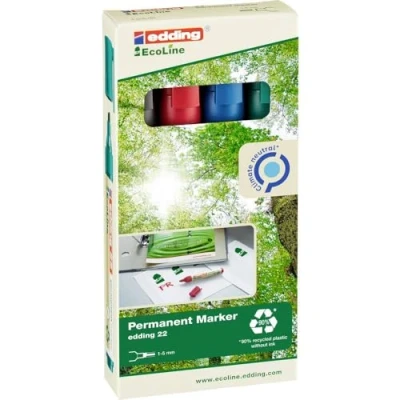 Abbildung von edding 22 Permanentmarker Set schwarz, rot, blau, grün 4 Stifte Keil Spitze 1 5 mm schnell trocknend, wasserfest, wischfest für Karton, Kunststoff, Holz, Metall Universalmarker